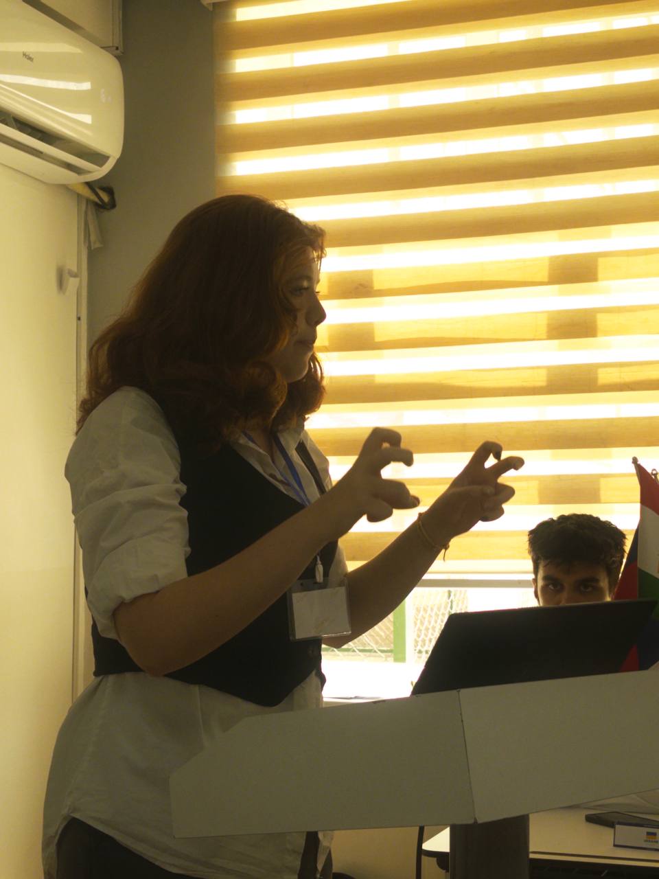 A delegate speaking with both hands raised while addressing the committee from a lectern.